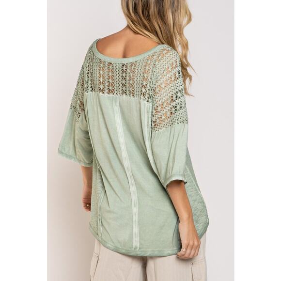 💣POL Feminine Boho Crochet Sleeves Raw Edge Back Yoke Soft Sage Blouse | Size S - Picture 2 of 5